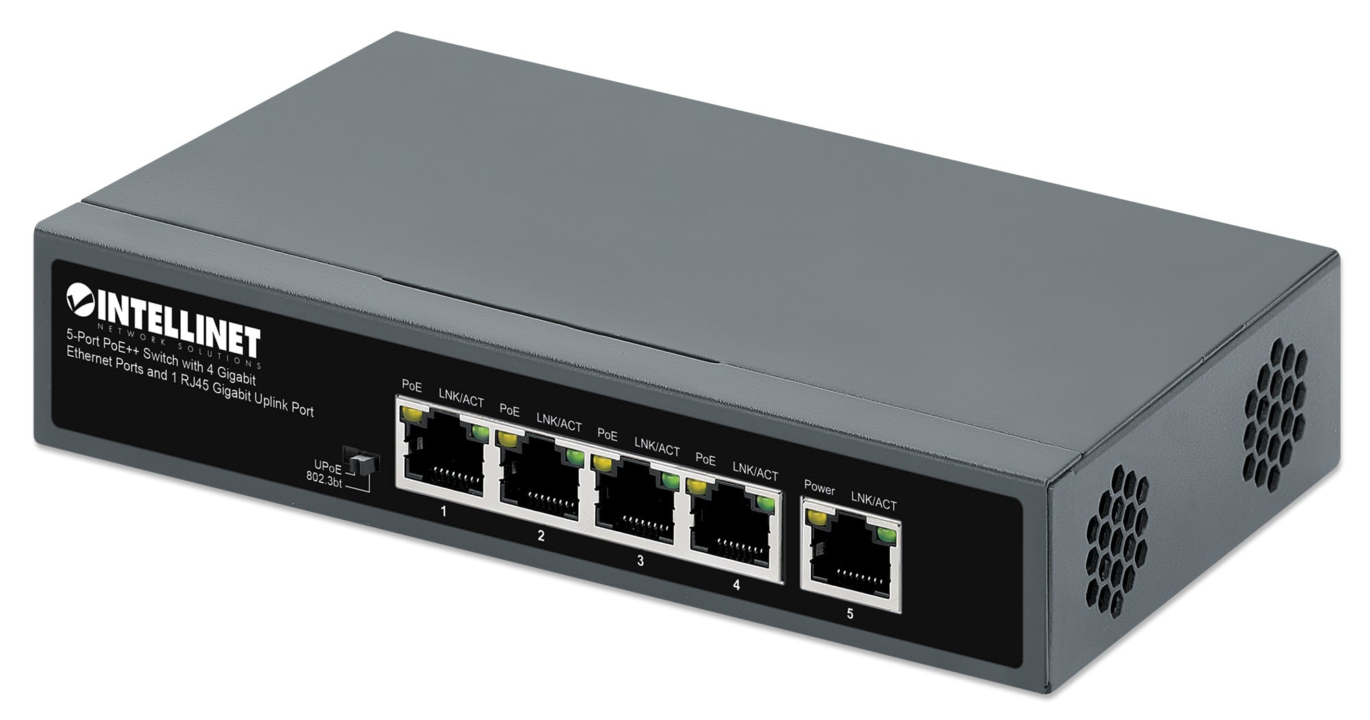 Switch 5 porte PoE++ con 4 porte Gigabit e una porta RJ45 Gigabit Uplink